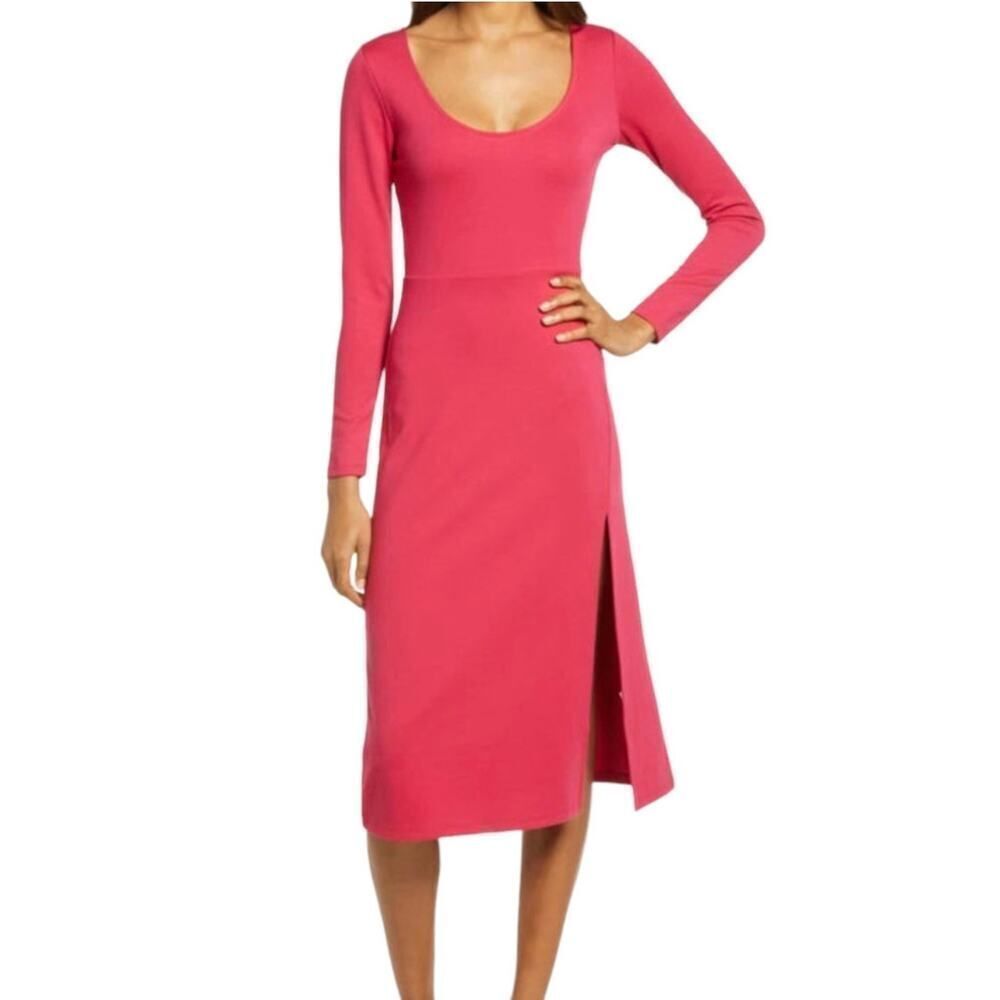 Leith Pink Slit Long Sleeve Scoop Knit Midi Dress Women's Size Medium NWT